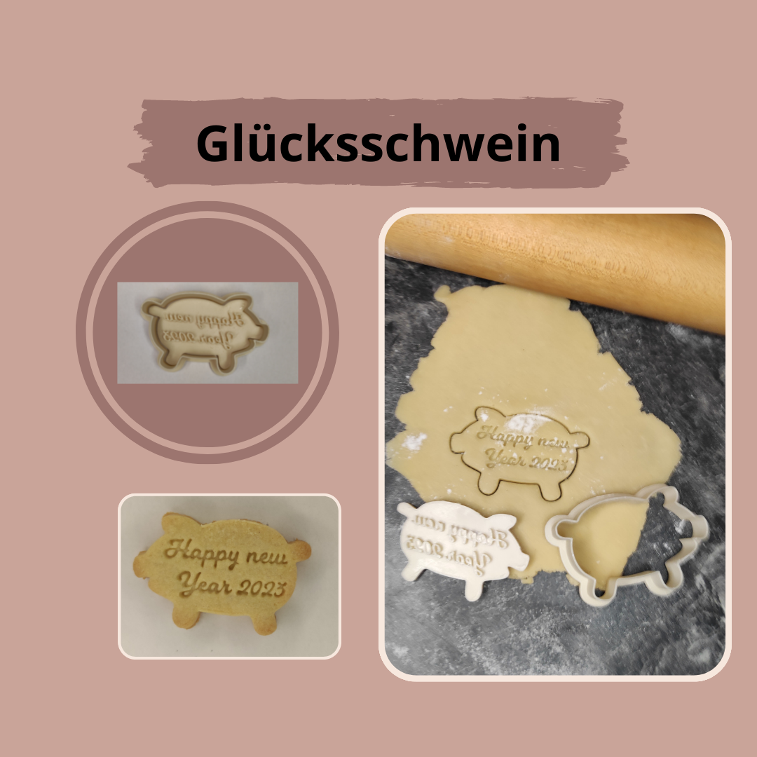 Keksausstecher "Glücksschwein - Happy New Year 2024" mit Stempel - SundA3D