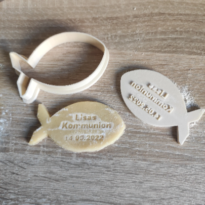 Keksausstecher "Fisch" Kommunion/Taufe, individueller Keksstempel, z.B. mit Namen und Datum