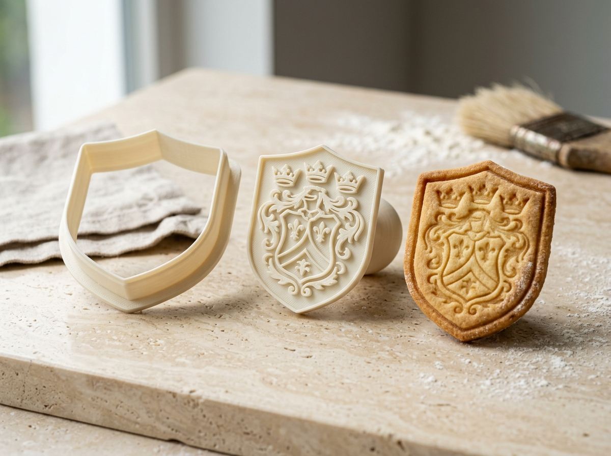 Traditionswappen mit Kölner Domspitzen und Schriftband als Wappenschild-Keksausstecher mit Prägestempel